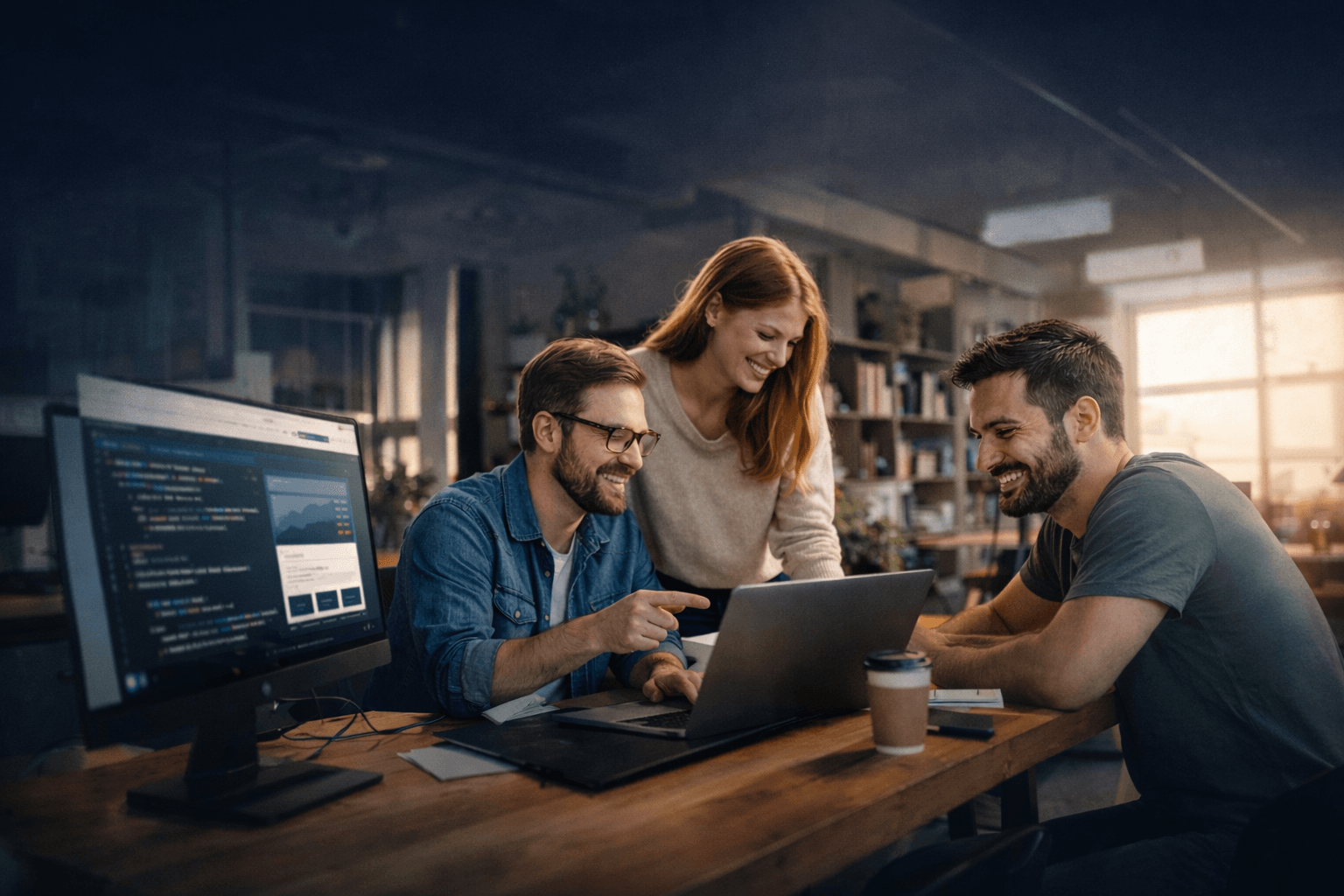 Three colleagues collaborating in a modern office, discussing work on a laptop with monitors and books in the background
